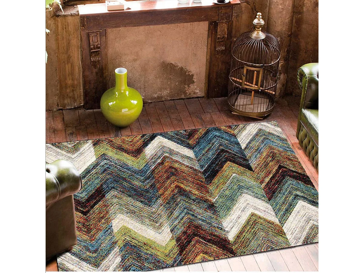 tapis chambre 80x150 tissé bleu rectangle motif géométrique COLORS