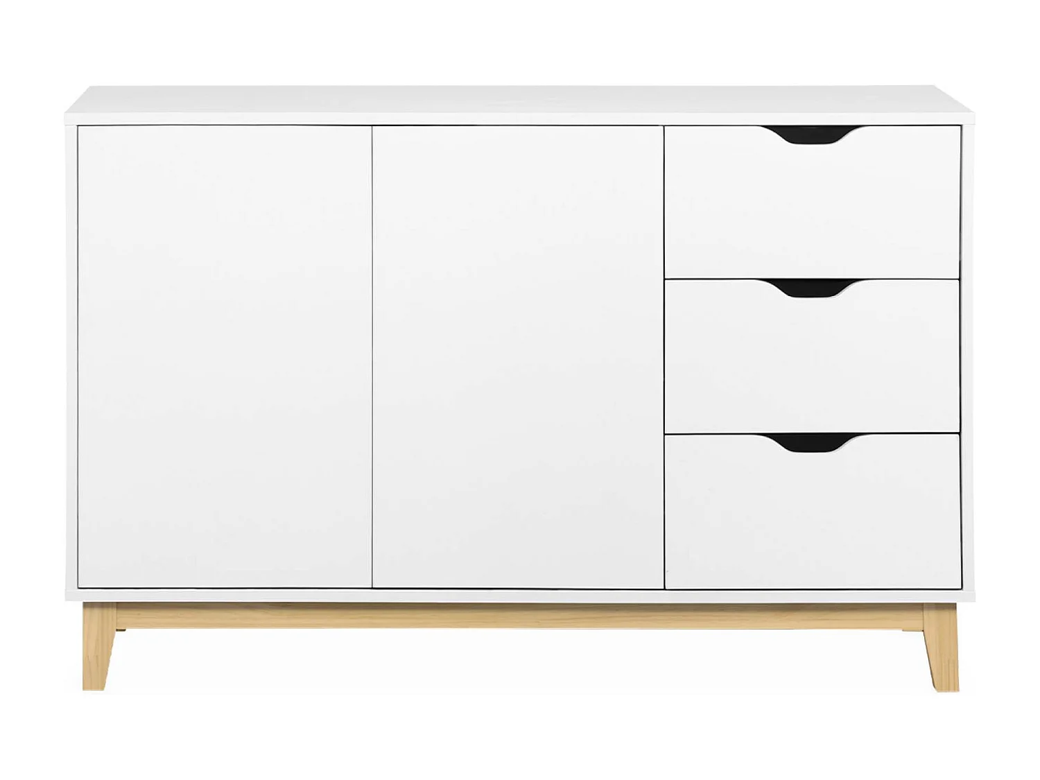 Buffet de rangement blanc. pieds bois - Floki - avec 3 tiroirs. buffet 2 portes. buffet bas. 120x40x75 cm