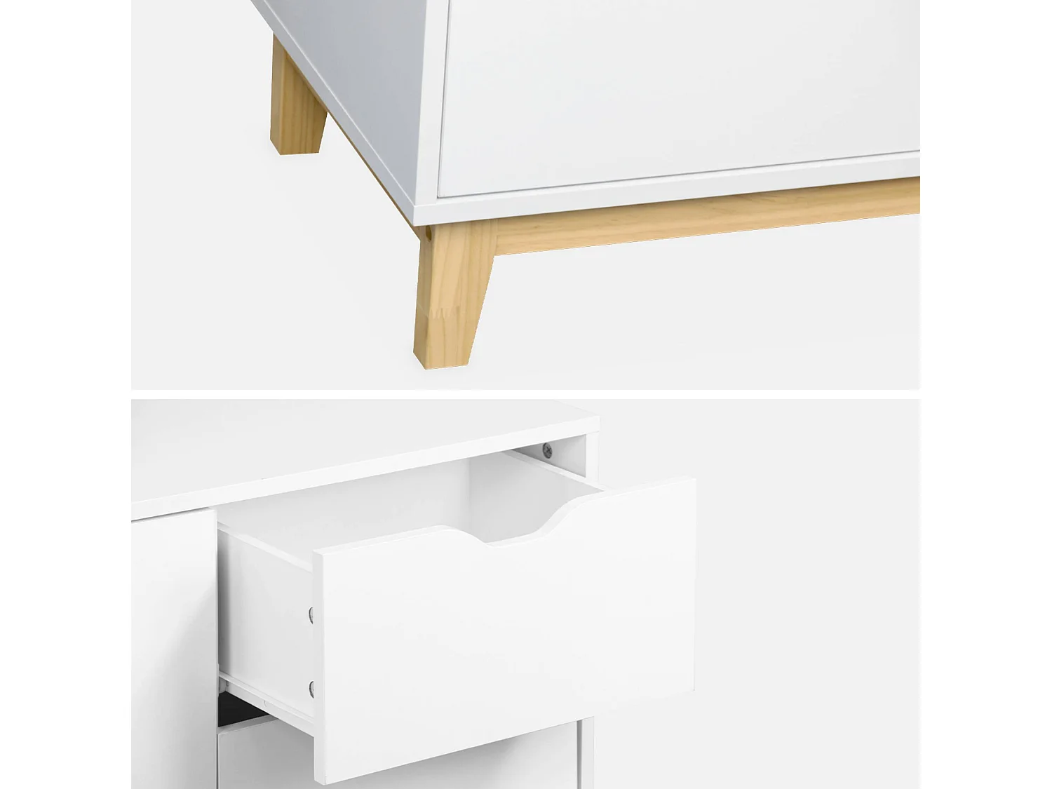 Buffet de rangement blanc. pieds bois - Floki - avec 3 tiroirs. buffet 2 portes. buffet bas. 120x40x75 cm