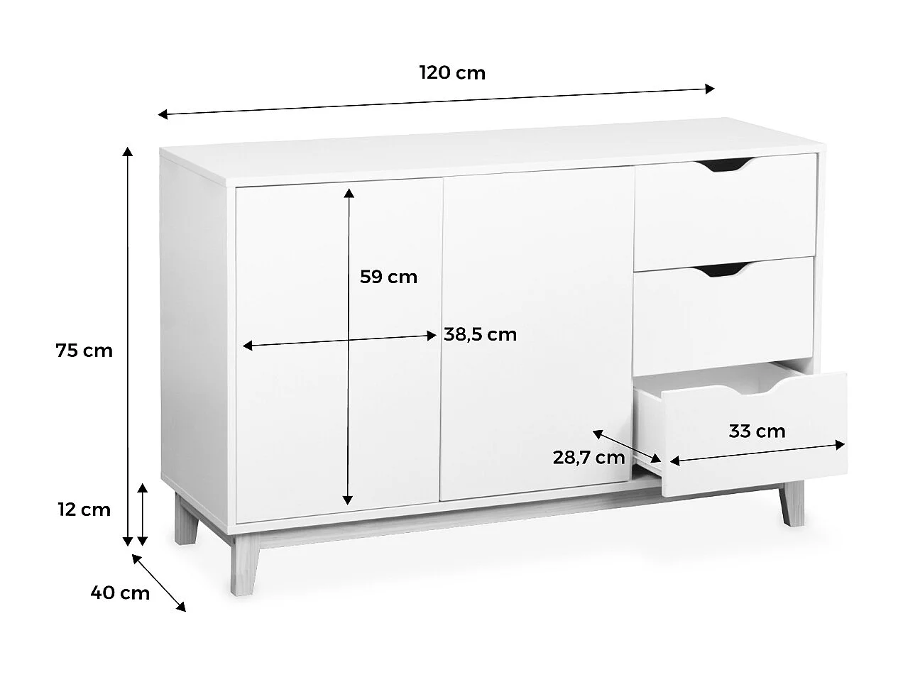 Buffet de rangement blanc. pieds bois - Floki - avec 3 tiroirs. buffet 2 portes. buffet bas. 120x40x75 cm