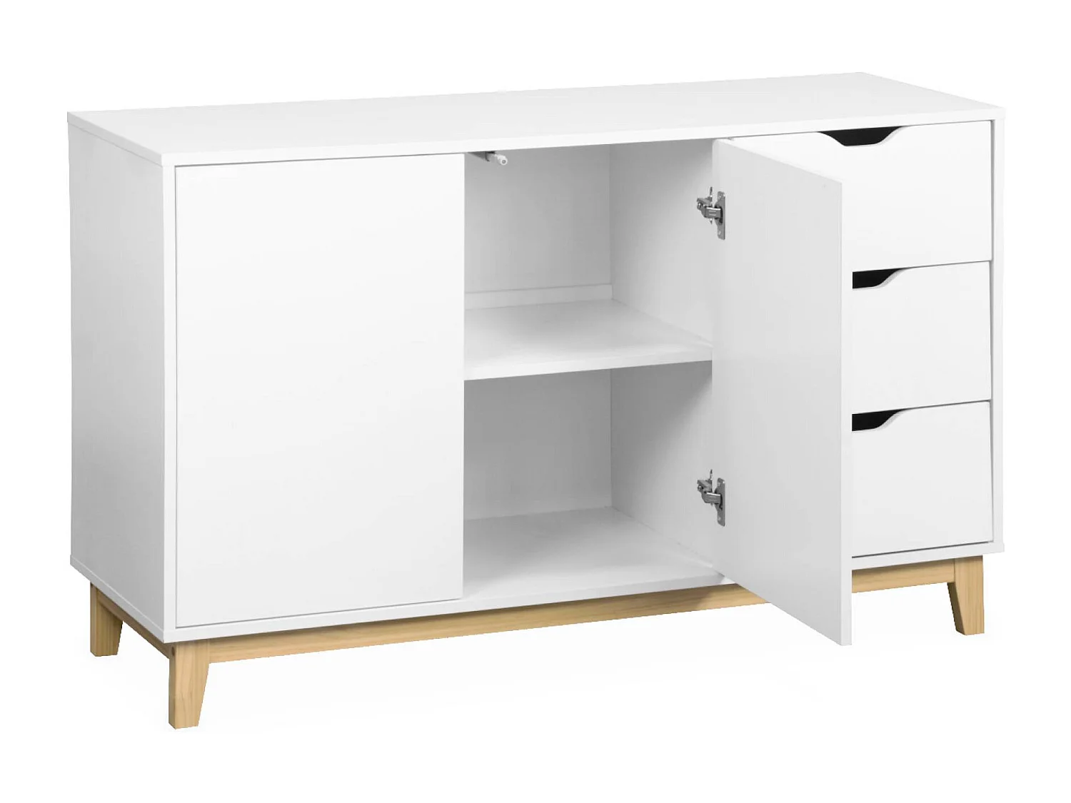 Buffet de rangement blanc. pieds bois - Floki - avec 3 tiroirs. buffet 2 portes. buffet bas. 120x40x75 cm