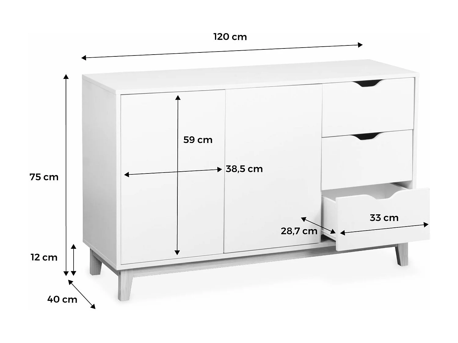 Buffet de rangement blanc. pieds bois - Floki - avec 3 tiroirs. buffet 2 portes. buffet bas. 120x40x75 cm