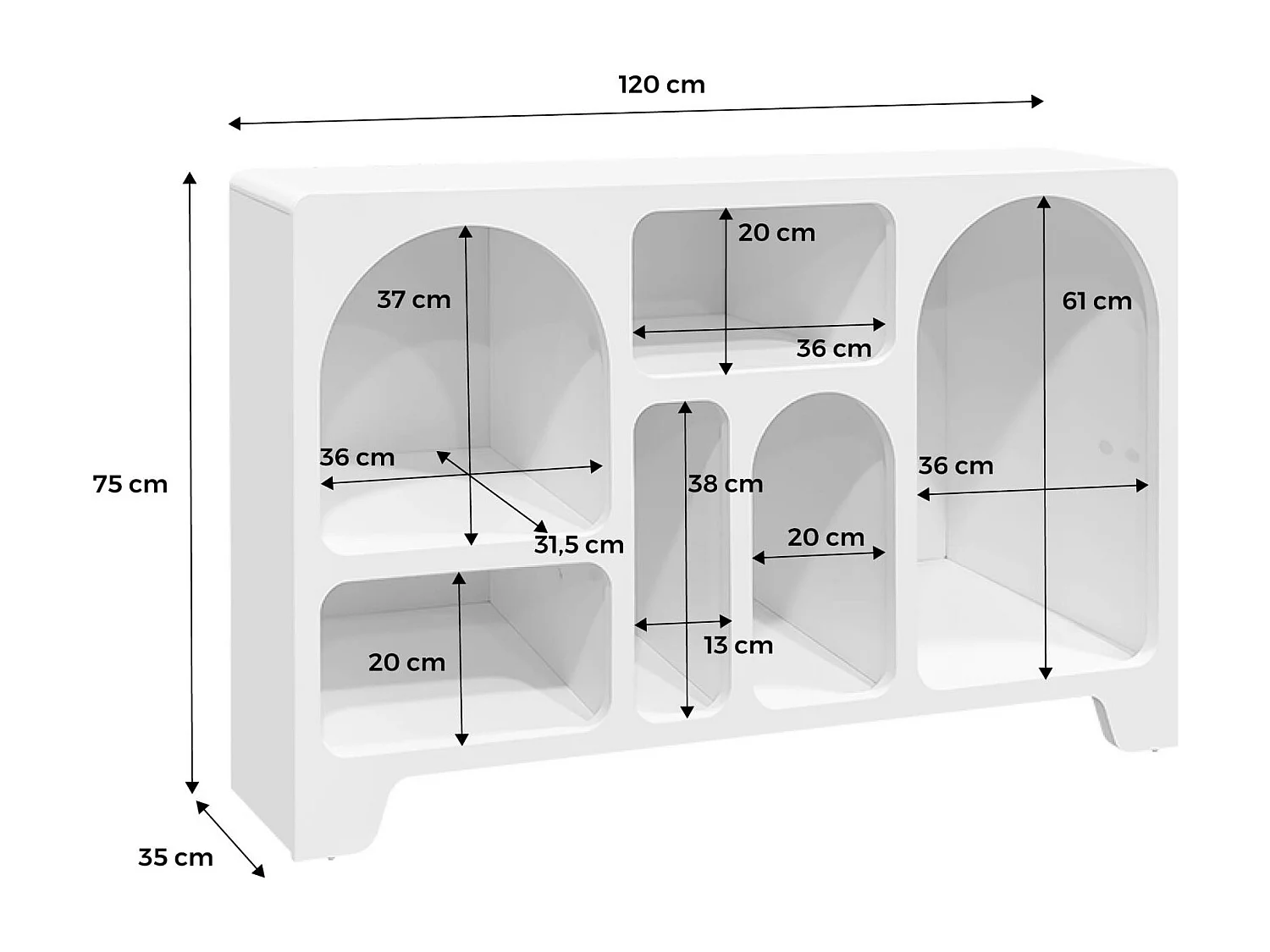 Buffet organique plusieurs niches 6 compartiments. buffet bas. effet bois blanc 120cm
