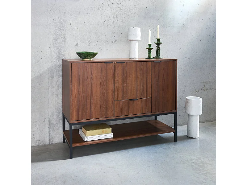 Credenza effetto legno tinto noce e metallo a 3 ante, 110cm, marrone