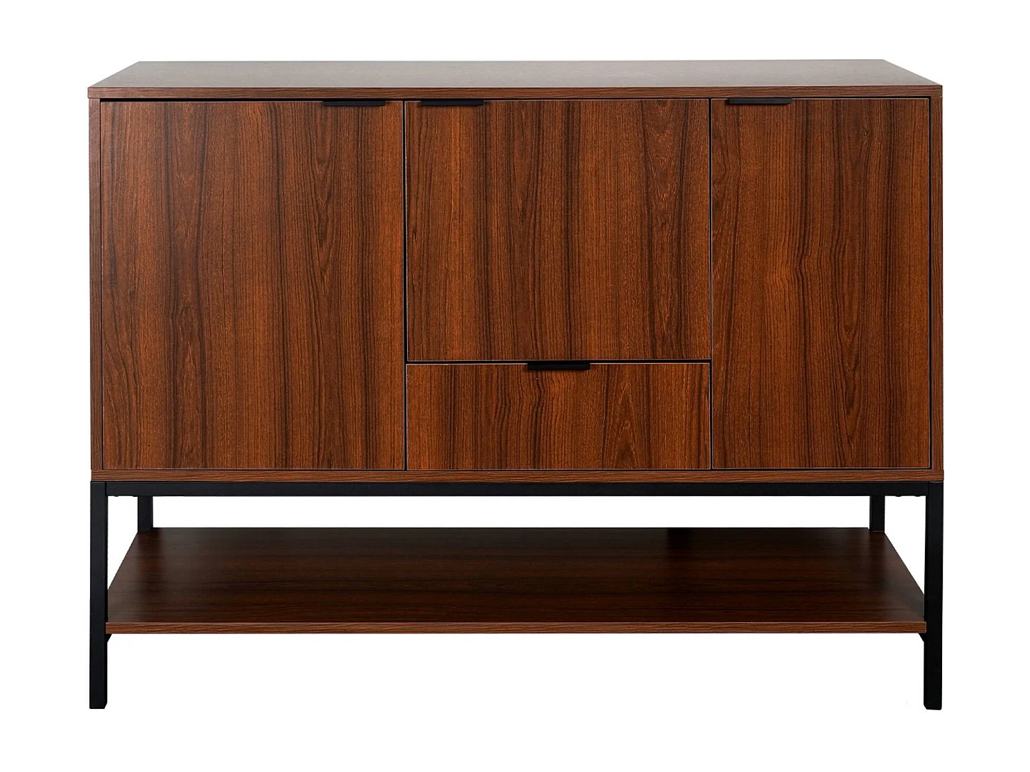 Credenza effetto legno tinto noce e metallo a 3 ante, 110cm, marrone