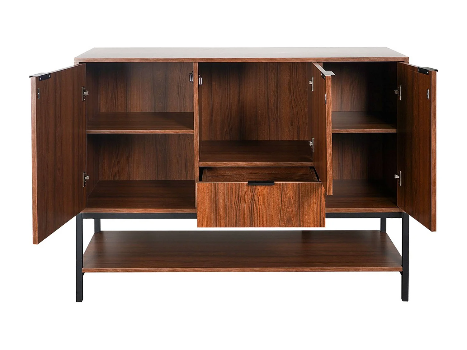 Credenza effetto legno tinto noce e metallo a 3 ante, 110cm, marrone