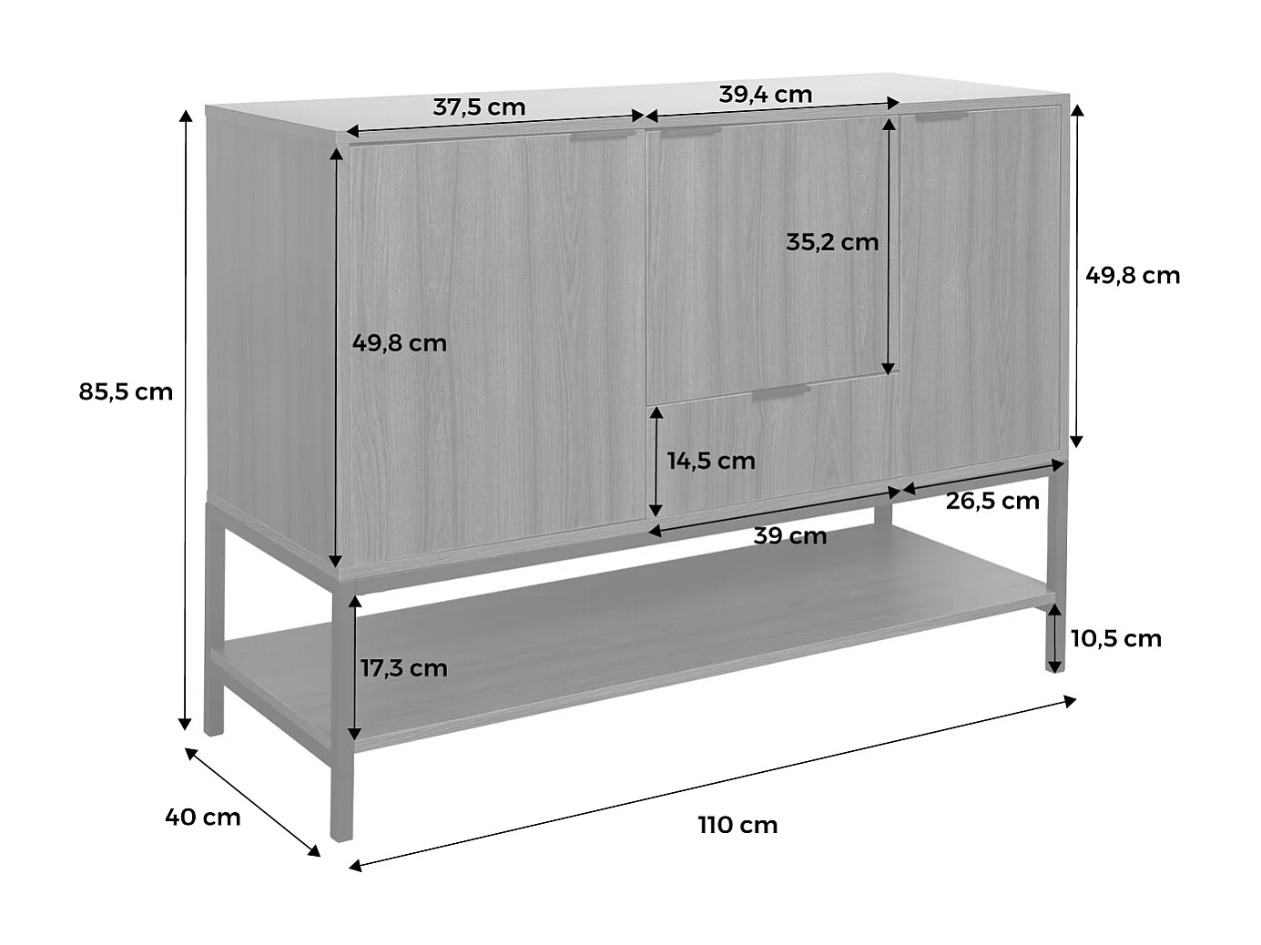 Credenza effetto legno tinto noce e metallo a 3 ante, 110cm, marrone