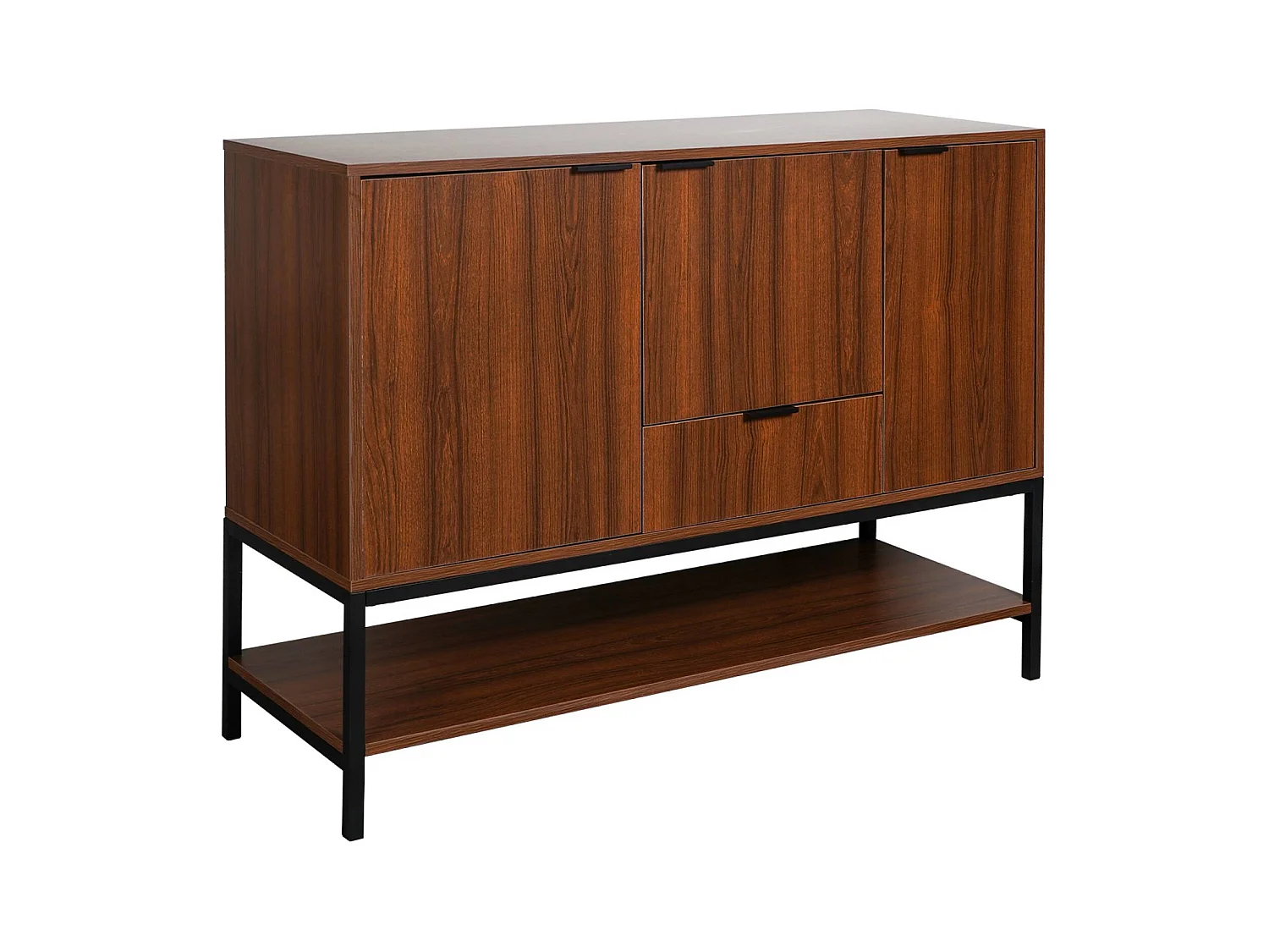 Buffet bas en décor noyer et pieds et poignées en métal noir L110cm - buffet haut. vaisselier. 3 portes. 1 tiroir et 3 étagères