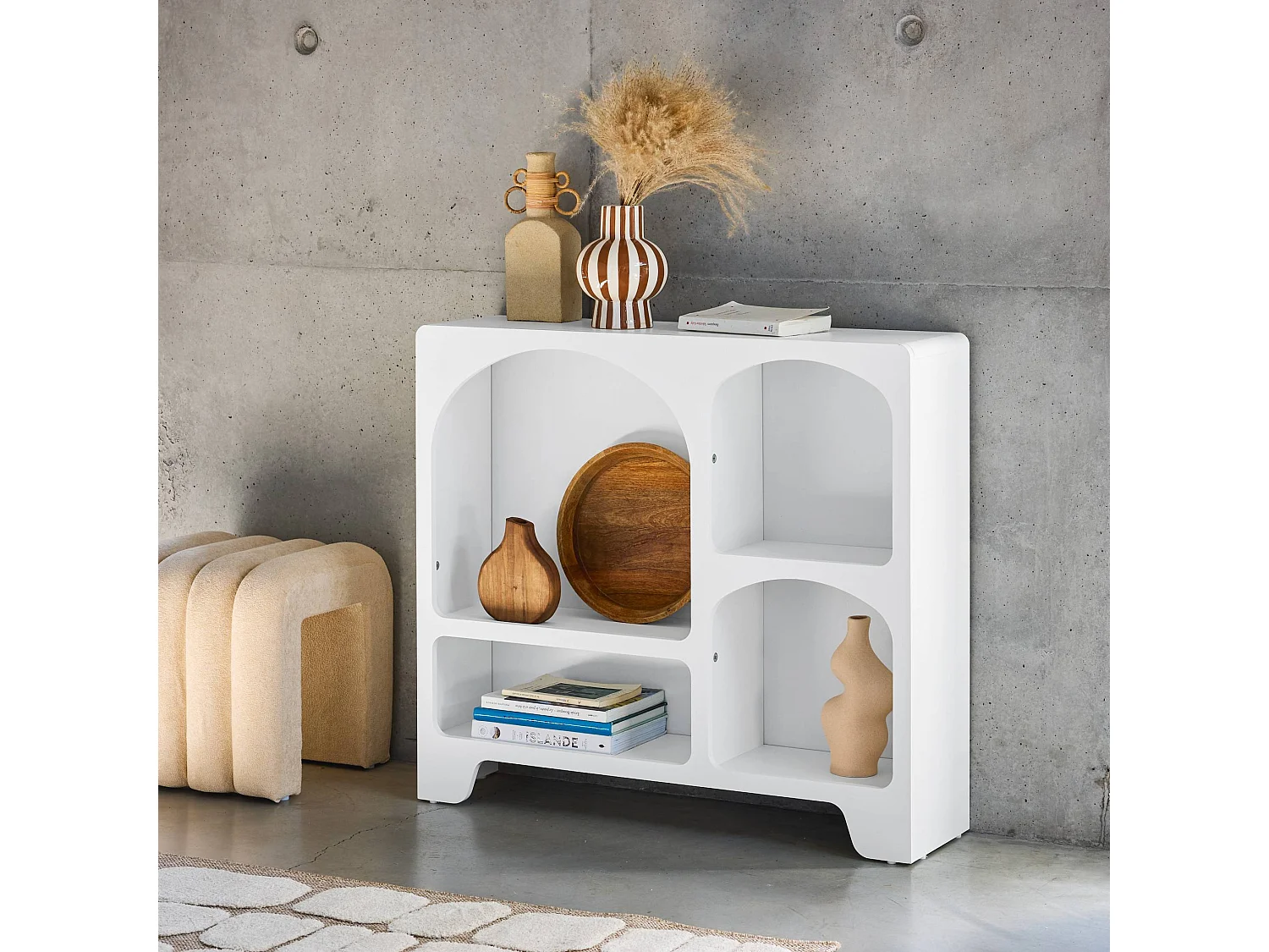 Aparador con efecto madera de 4 compartimentos, 90cm blanco