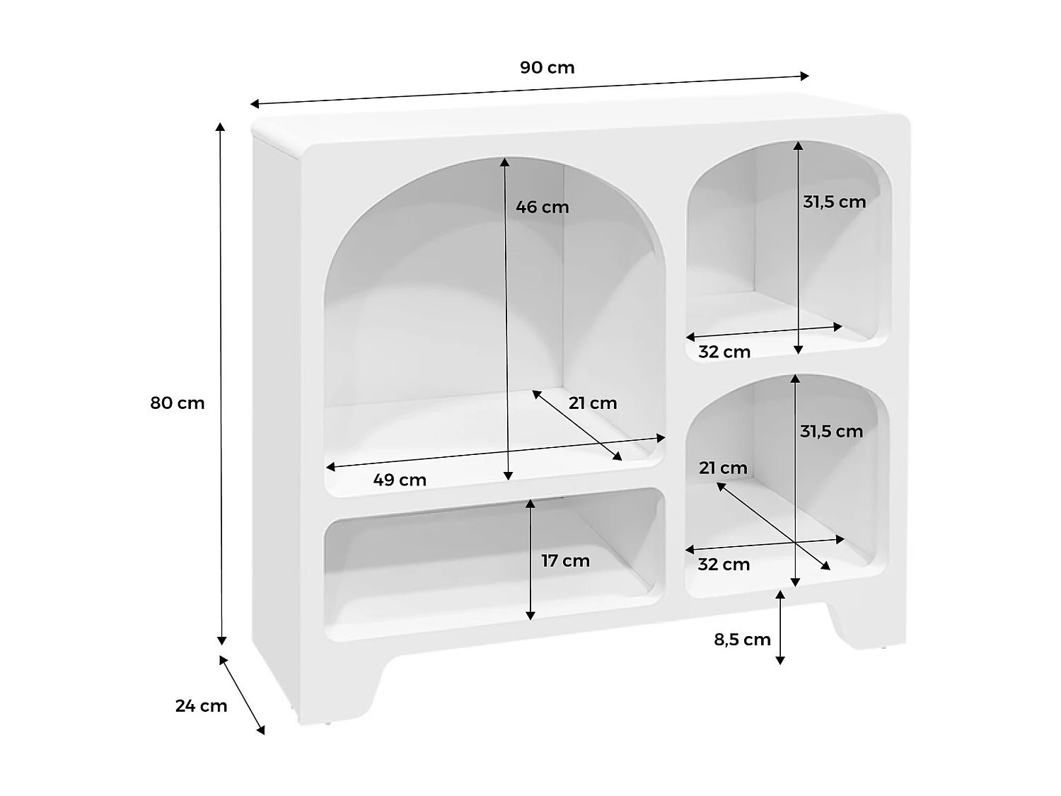 Aparador con efecto madera de 4 compartimentos, 90cm blanco
