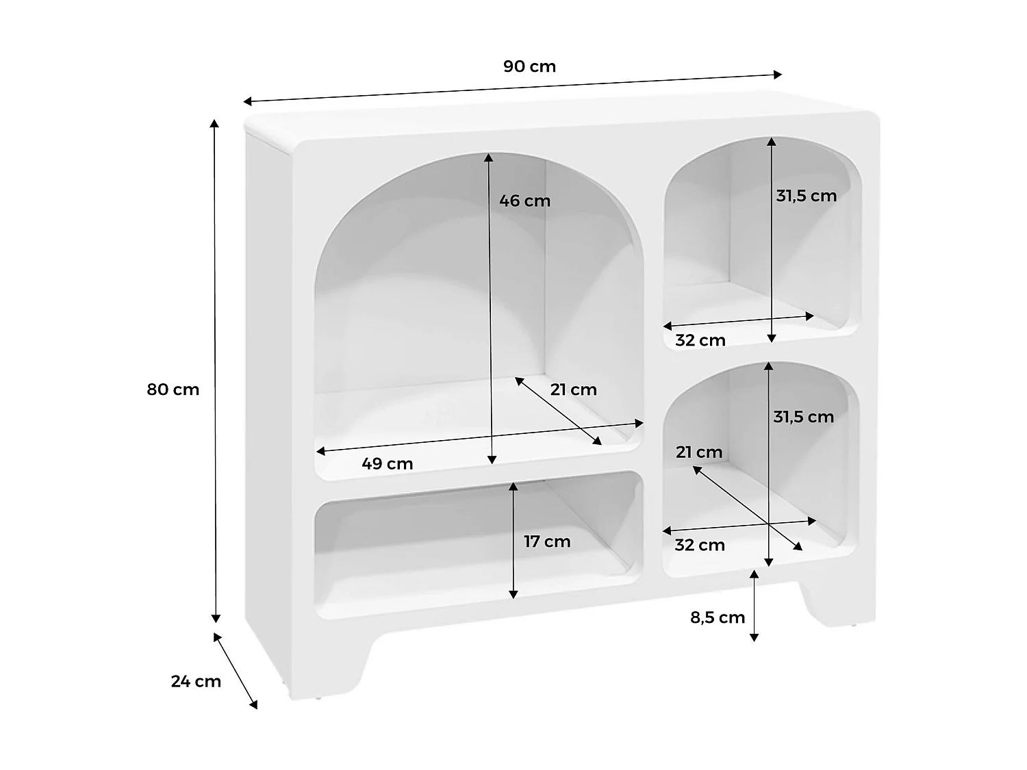 Credenza organica a 4 scomparti effetto legno bianco, 90cm, bianco