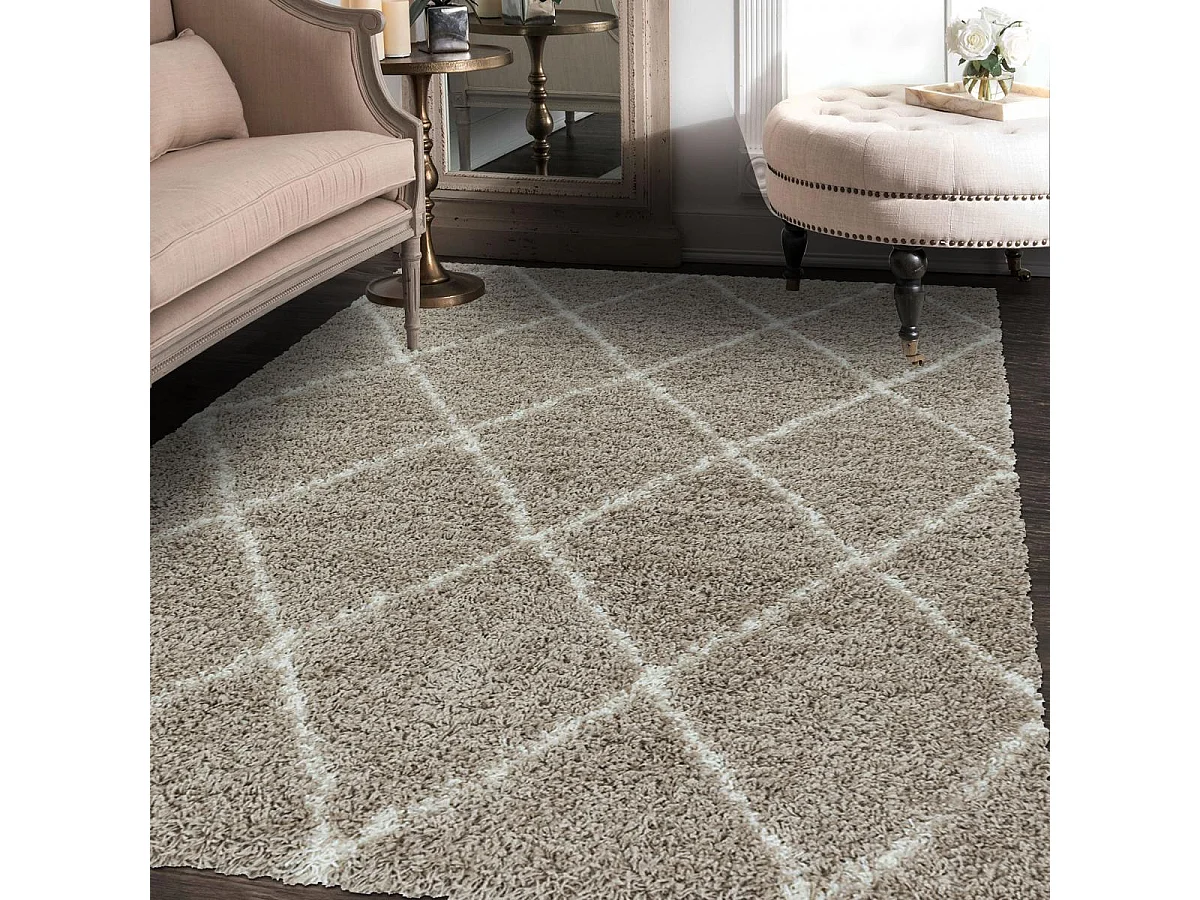 Tapis berbère rond Ø80cm tissé motif losange SHAGGY A beige