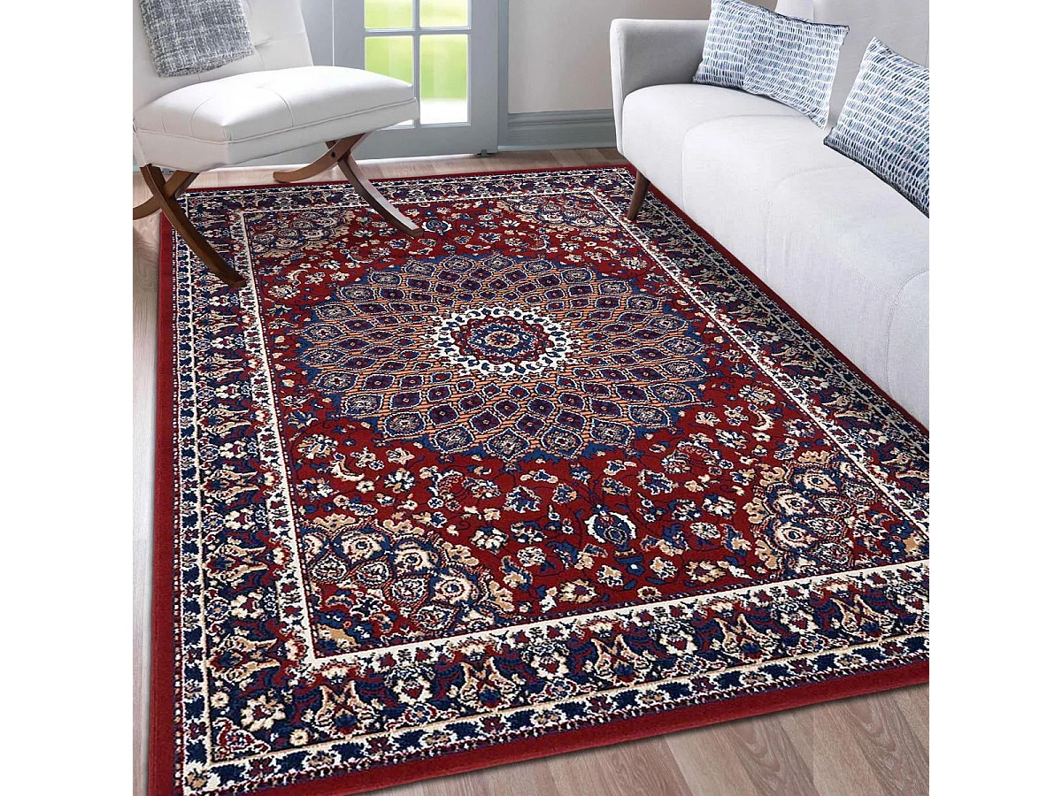 Tapis oriental 240x330 rectangle crème et rouge tissé motif ethnique LYN1 ROSOR