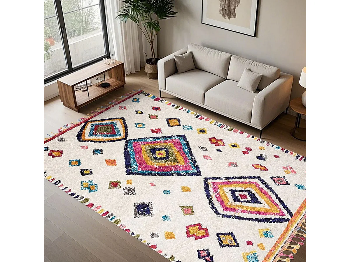 Tapis berbère 120x170 tissé motif ethnic LYN5 OURIKA ivoire