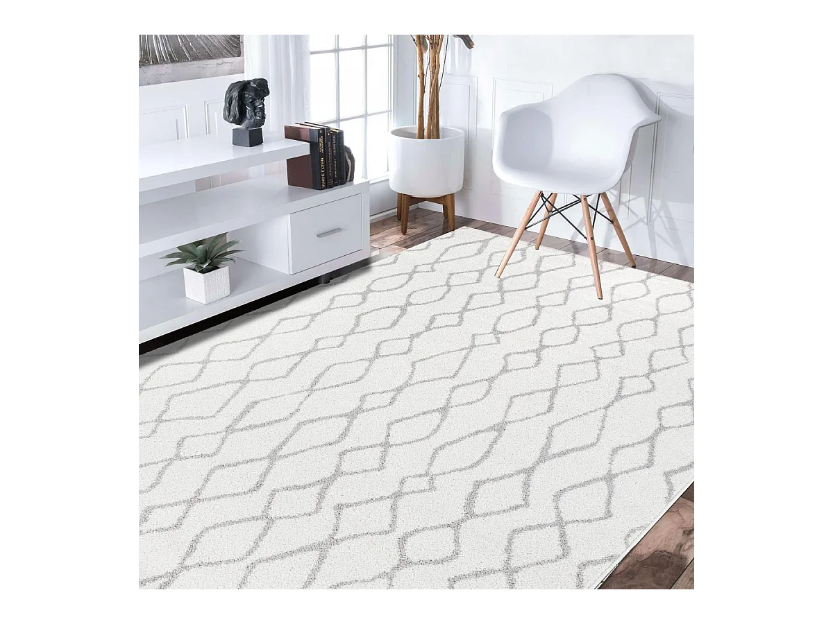 tapis chambre 160x235 tissé blanc et gris rectangle motif géométrique SPATA