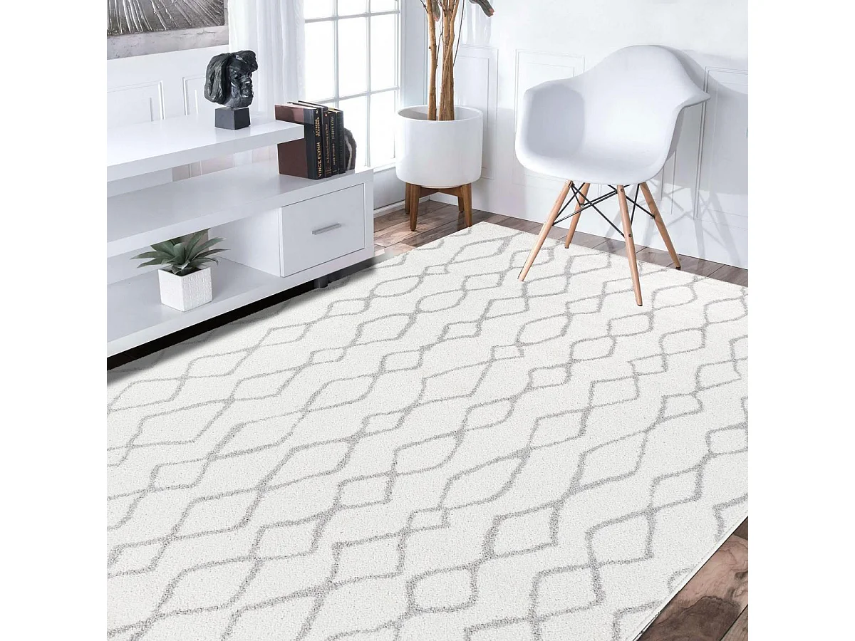 tapis chambre 160x235 tissé blanc et gris rectangle motif géométrique SPATA