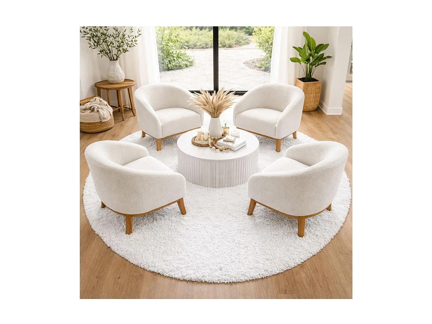 Tapis poils longs shaggy Ø160cm rond tissé crème motif uni UNI L