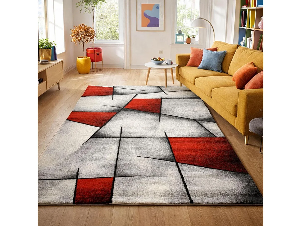 tapis chambre 100x100 tissé rouge carré motif géométrique LYN8 ULTIMA