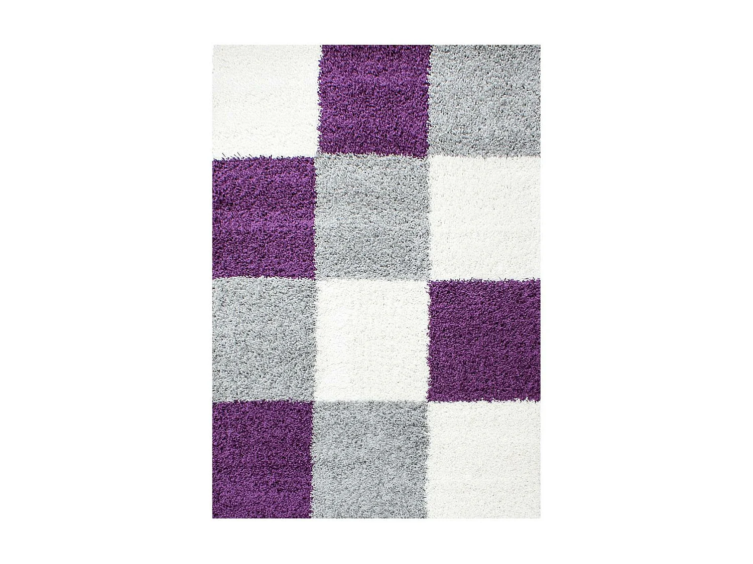 Tapis poils longs shaggy 80x250 rectangle tissé violet et gris motif damier