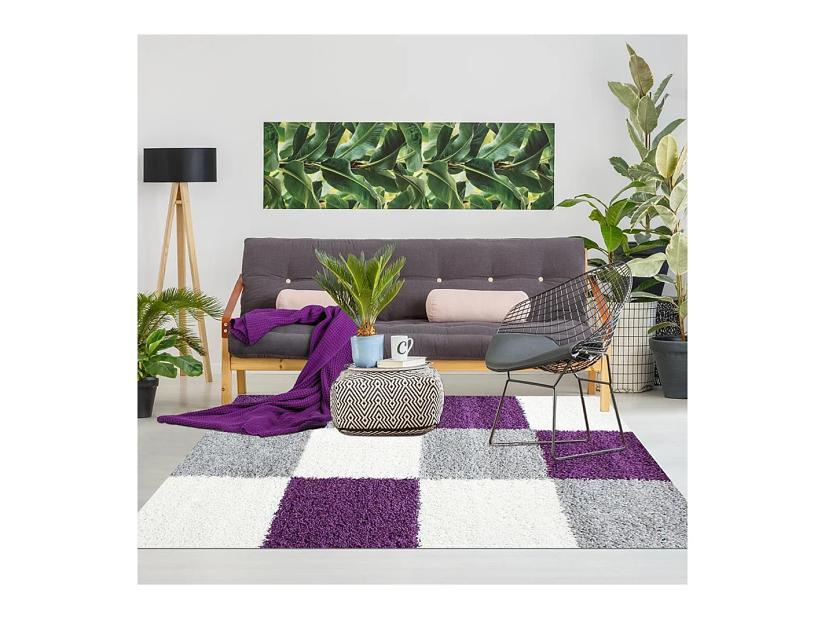 Tapis poils longs shaggy 80x250 rectangle tissé violet et gris motif damier