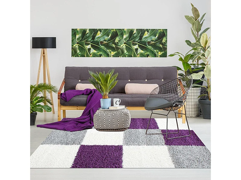 Tapis poils longs shaggy 80x250 rectangle tissé violet et gris motif damier