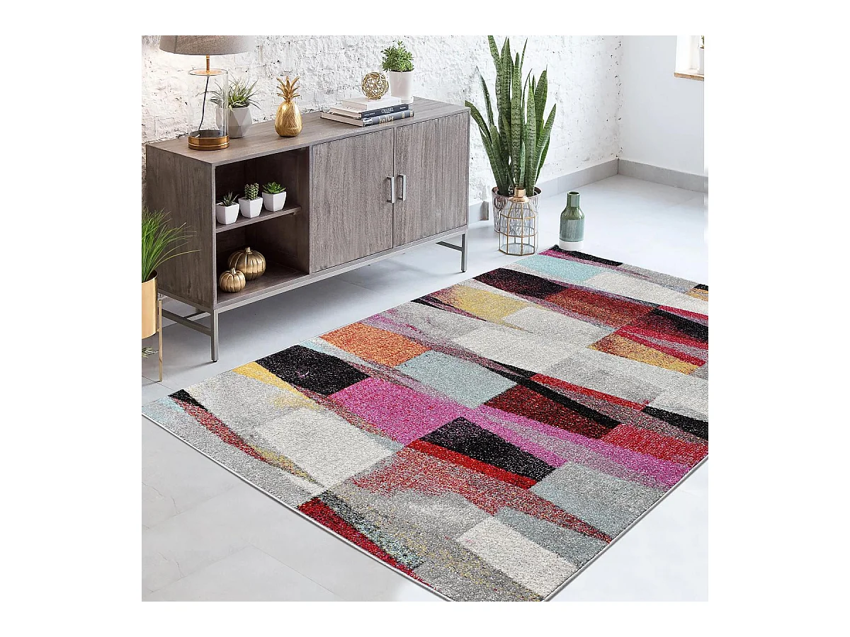 tapis chambre 150x220 tissé rouge et vert rectangle motif ethnique ELYZA