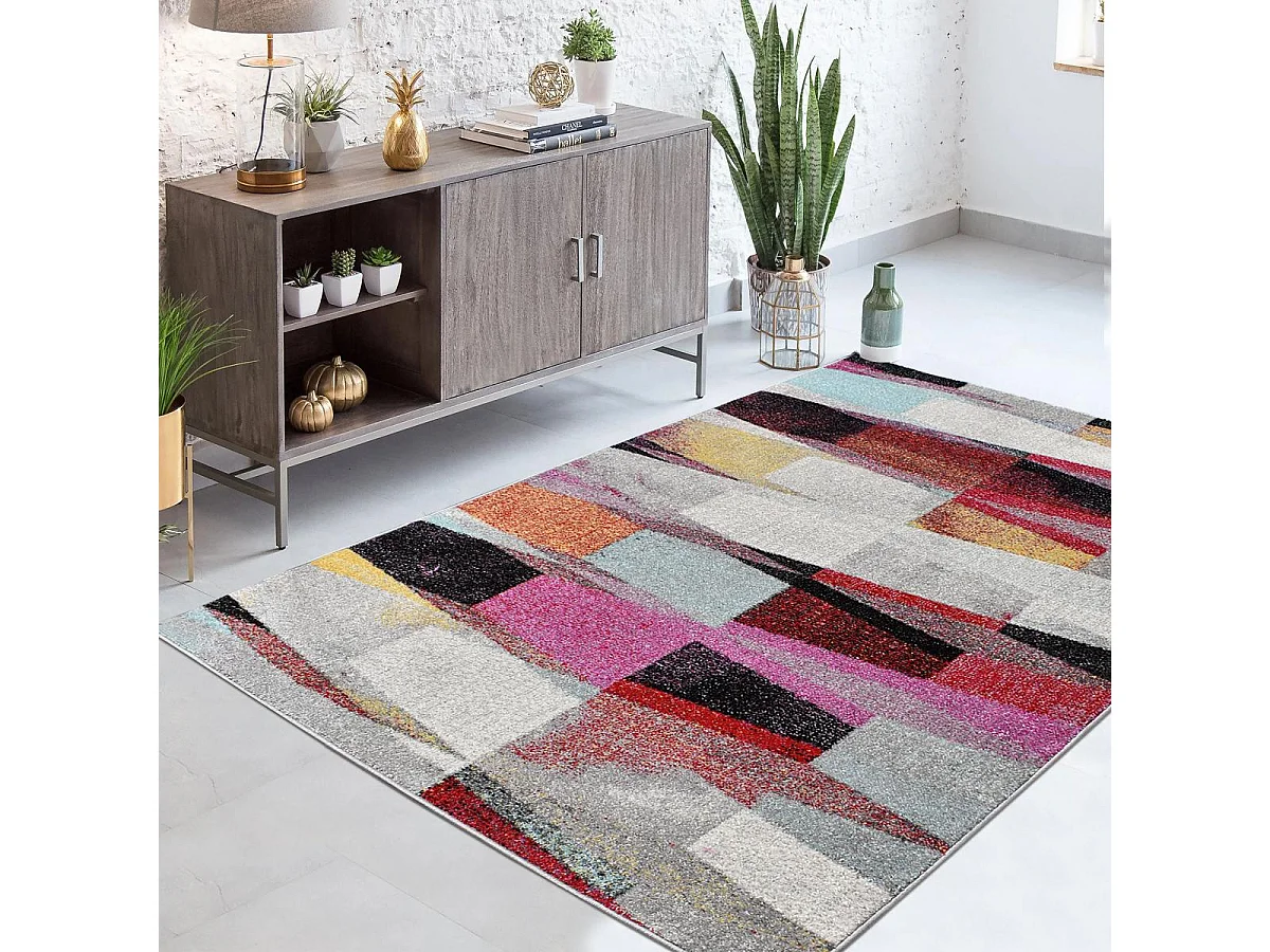 tapis chambre 150x220 tissé rouge et vert rectangle motif ethnique ELYZA