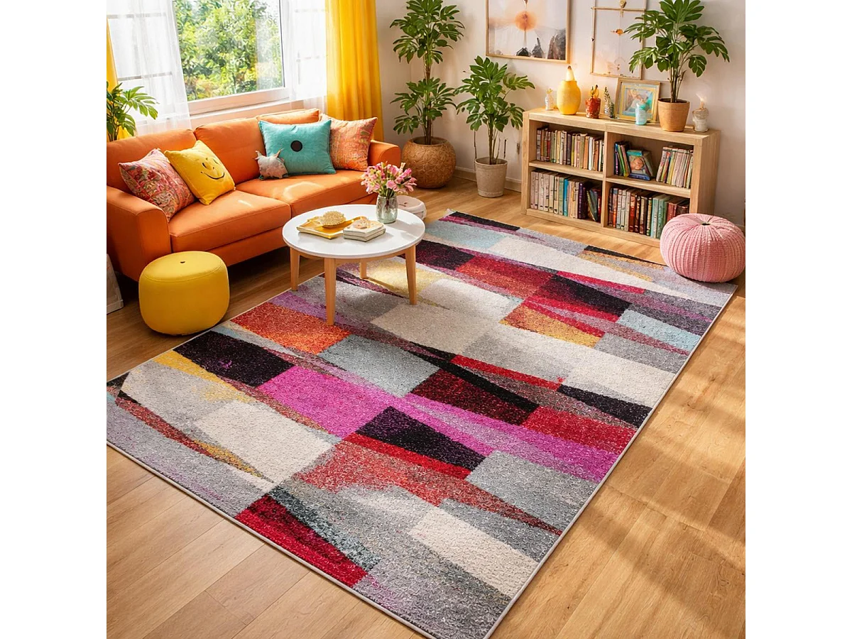 tapis chambre 150x220 tissé rouge et vert rectangle motif ethnique ELYZA