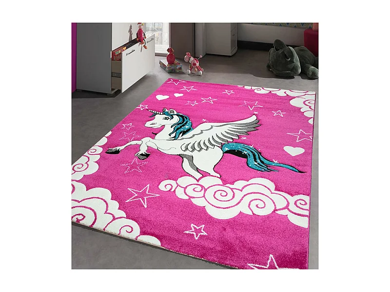 tapis chambre 80x150 tissé fuchsia rectangle motif enfant LICORNE