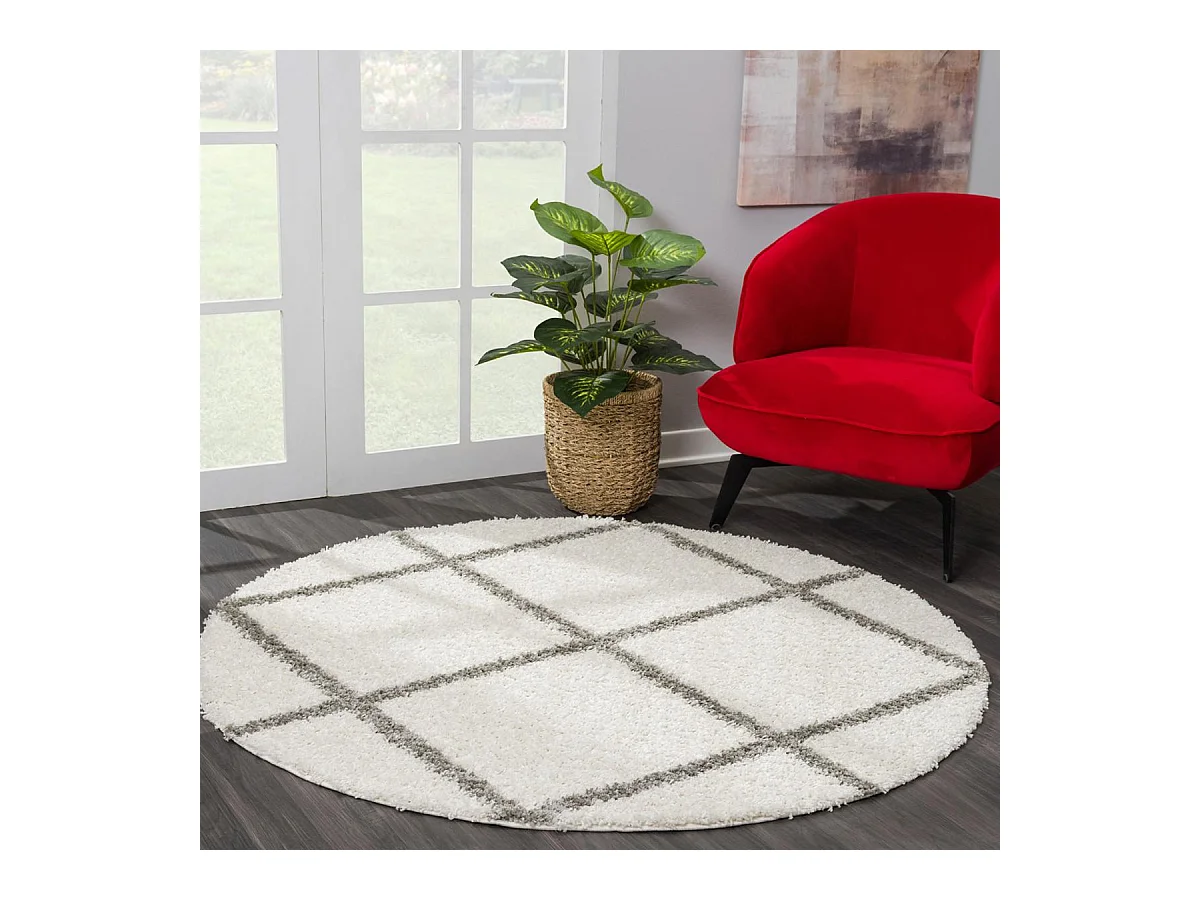 Tapis longs poils shaggy Ø80cm rond tissé crème motif scandinave SG MADRAG