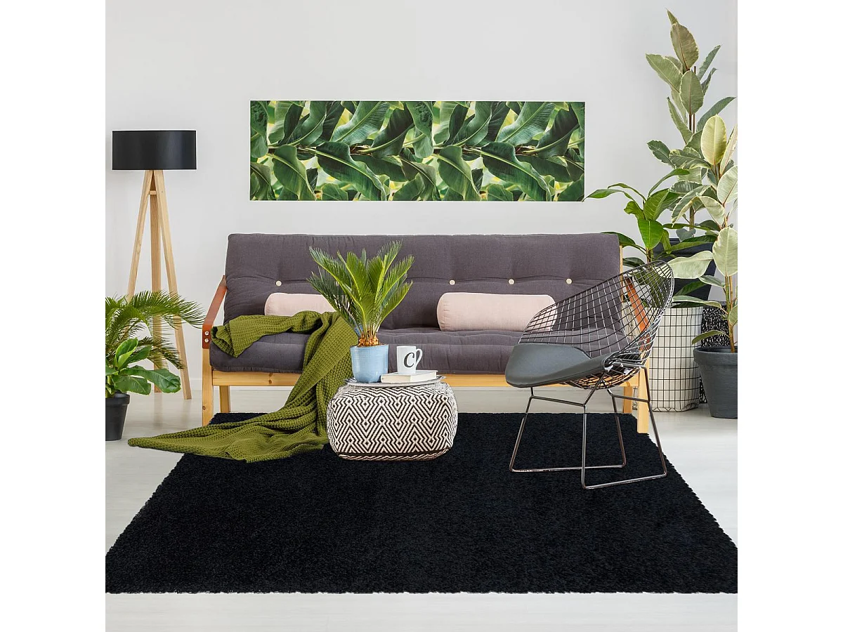 Tapis poils longs shaggy 200x290 rectangle tissé noir motif uni UNI I
