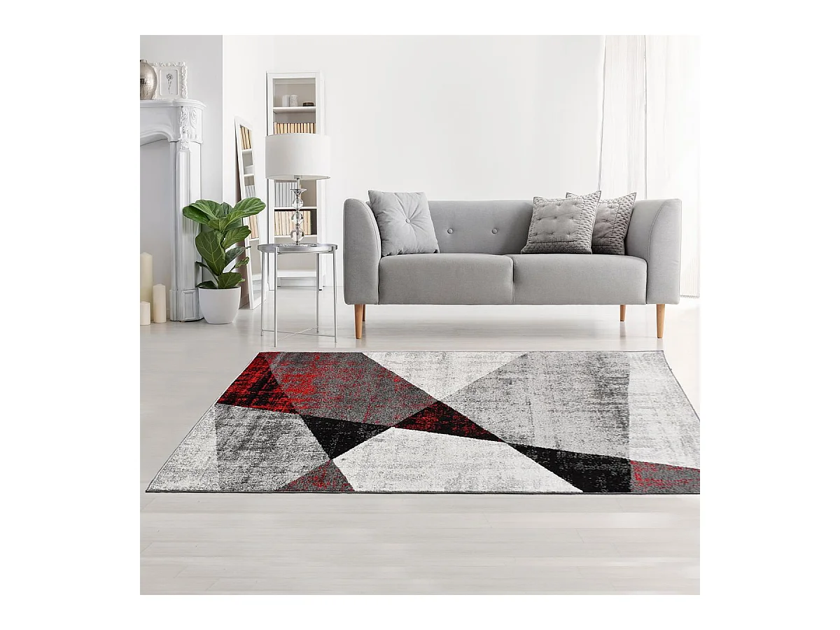 tapis chambre 150x220 tissé gris et rouge rectangle motif géométrique ROSALINE