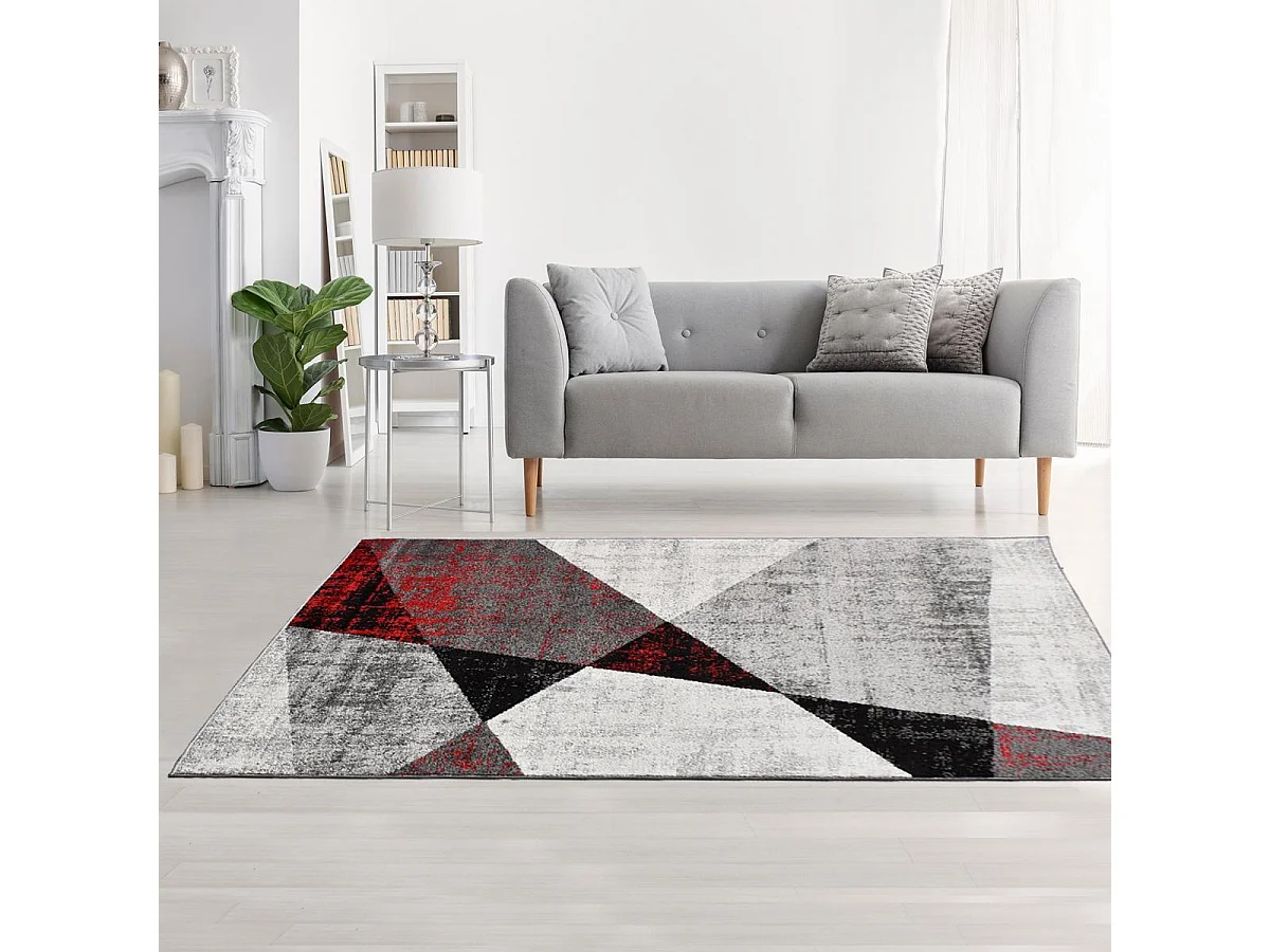 tapis chambre 150x220 tissé gris et rouge rectangle motif géométrique ROSALINE