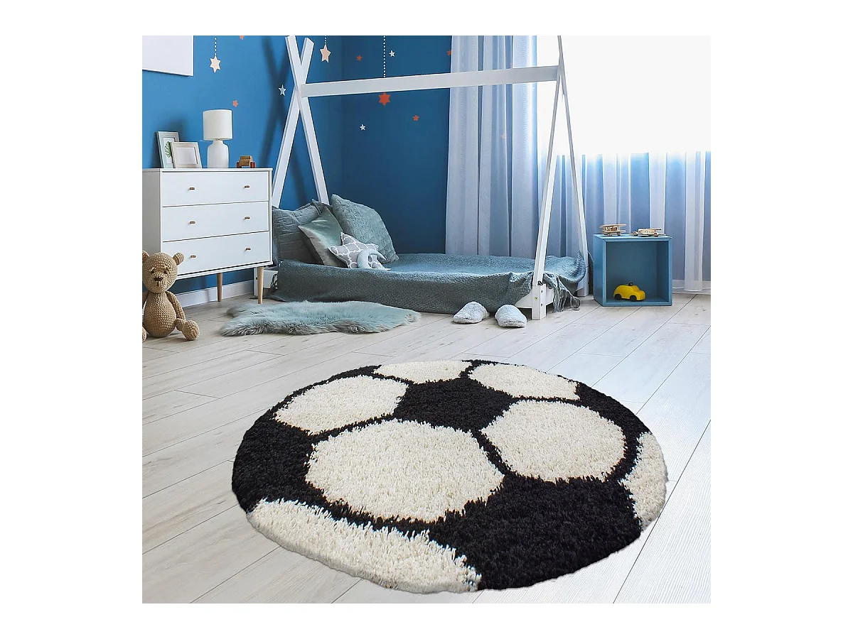 Tapis enfant Ø120cm rond tissé noir et crème SHAGGY FOOT