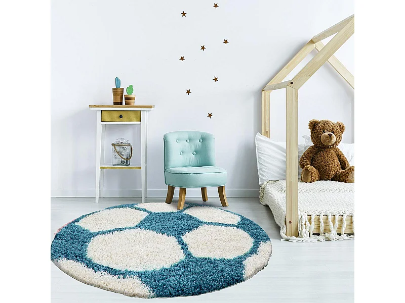 Tapis enfant Ø120cm rond tissé turquoise et crème SHAGGY FOOT
