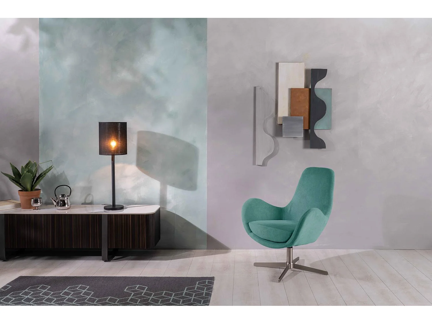 Olga - Drehsessel aus aquamarinfarbenem Stoff