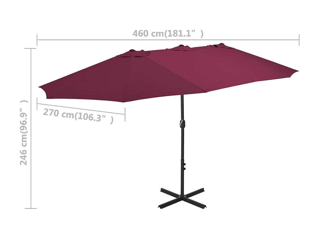Guarda-sol exterior c/ poste alumínio 460x270cm vermelho bordô