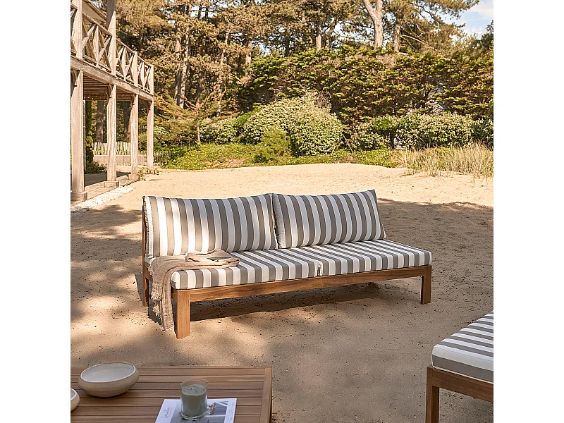 Divano da giardino in teak massello a righe bianche e taupe