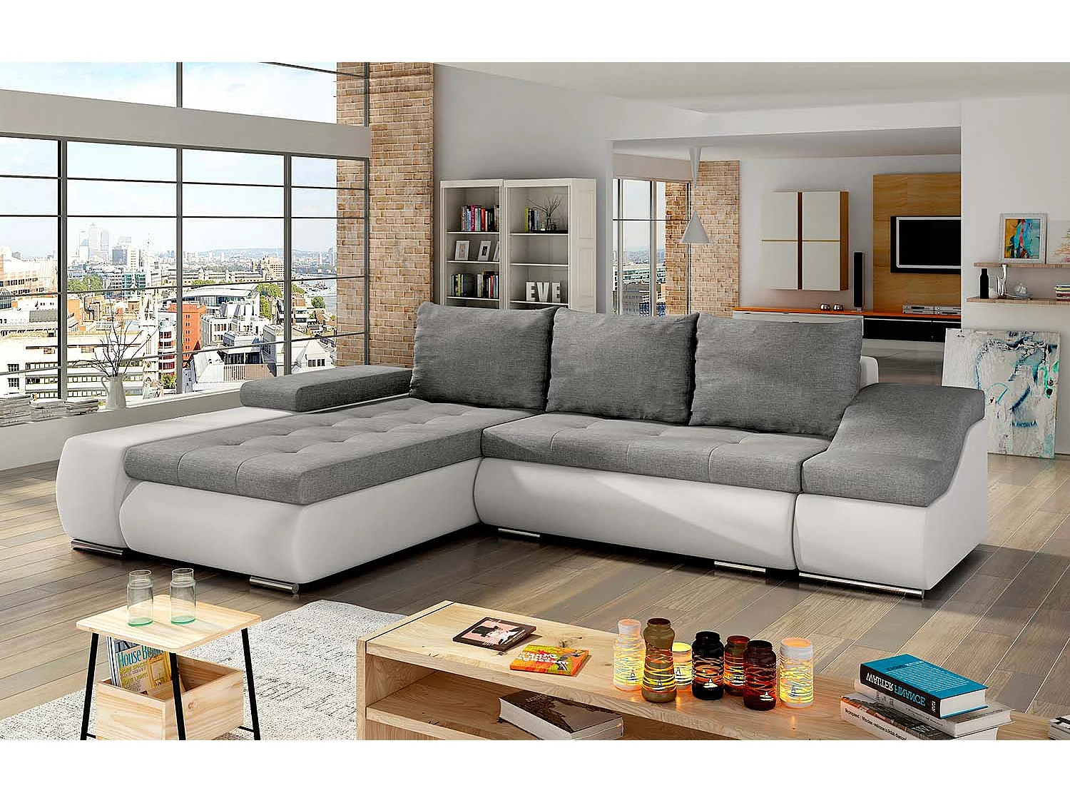 Canapé d'angle gauche convertible Lizio Gris et Blanc