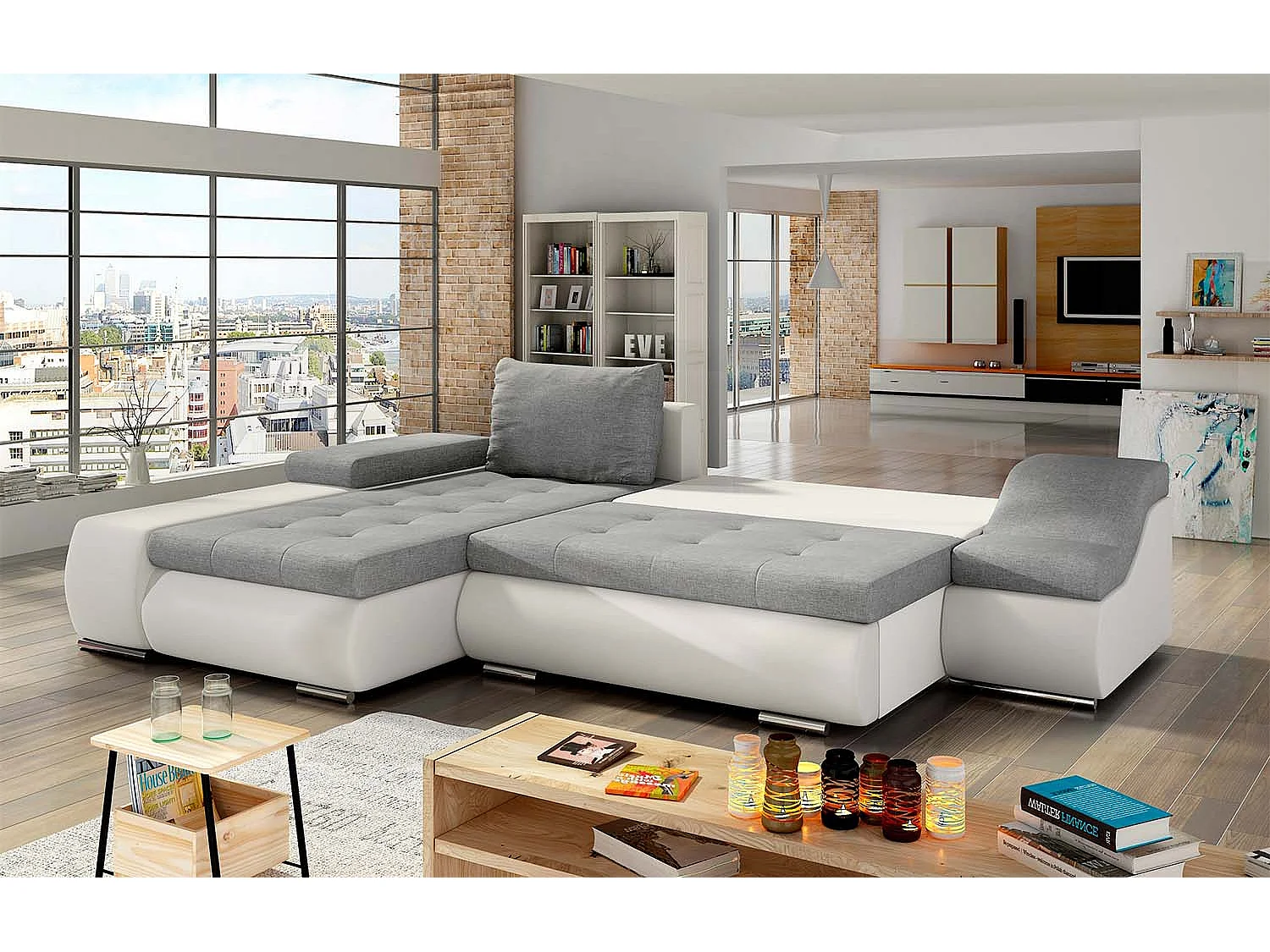 Canapé d'angle gauche convertible Lizio Gris et Blanc