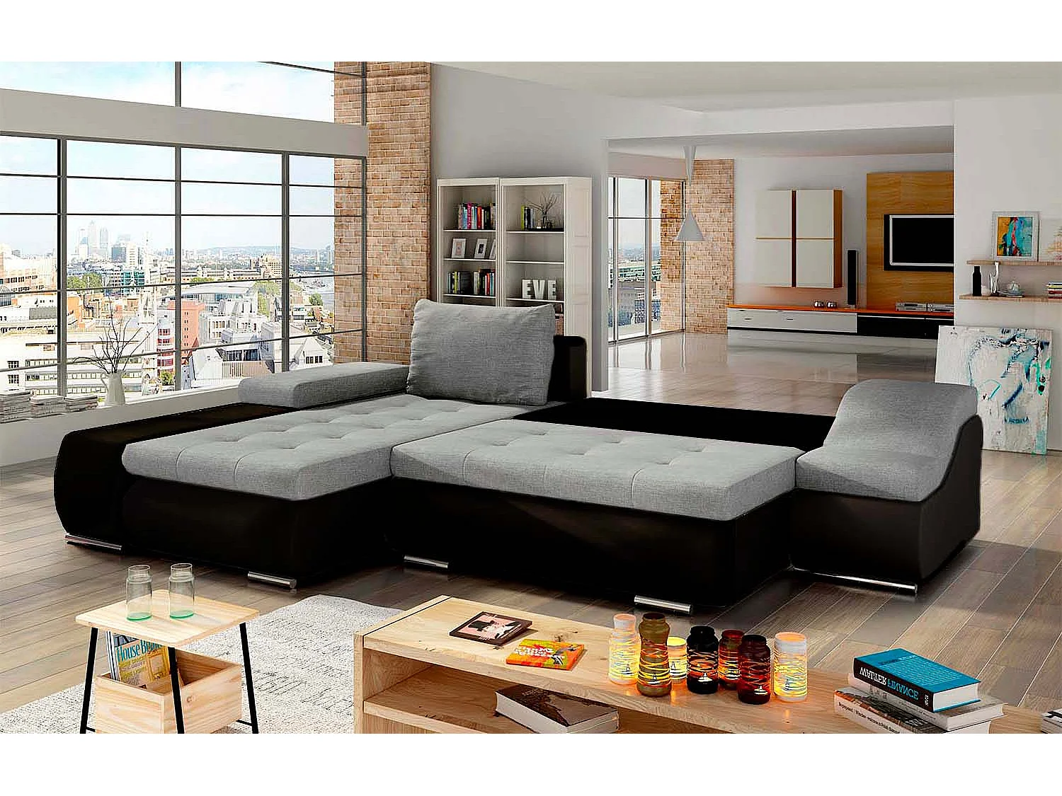 Canapé d'angle gauche convertible Lizio Gris et Noir