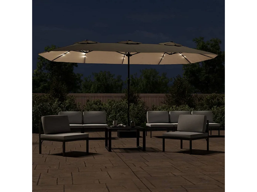 Parasol à double tête avec LED taupe 449x245 cm
