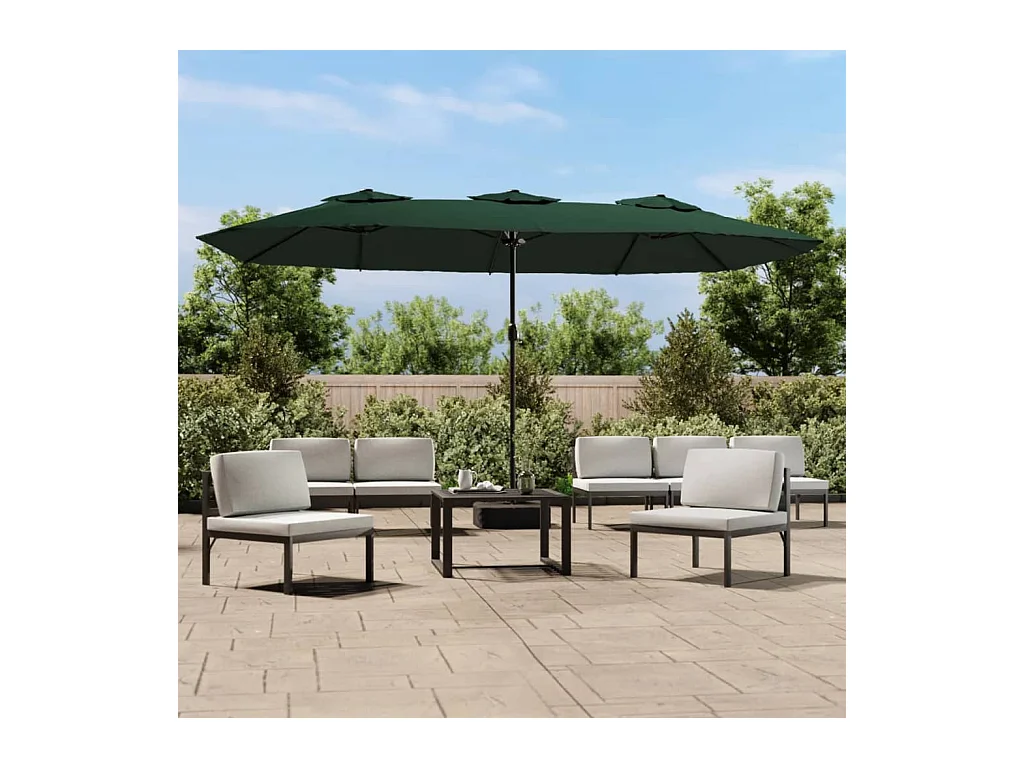 Guarda-sol com cabeça dupla e luzes LED 449x245 cm Verde