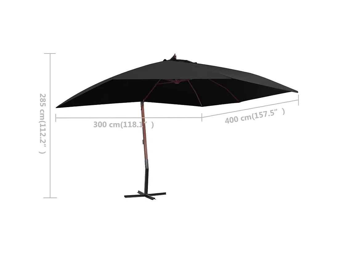 Parasol suspendu avec mât en bois 400x300 cm Noir