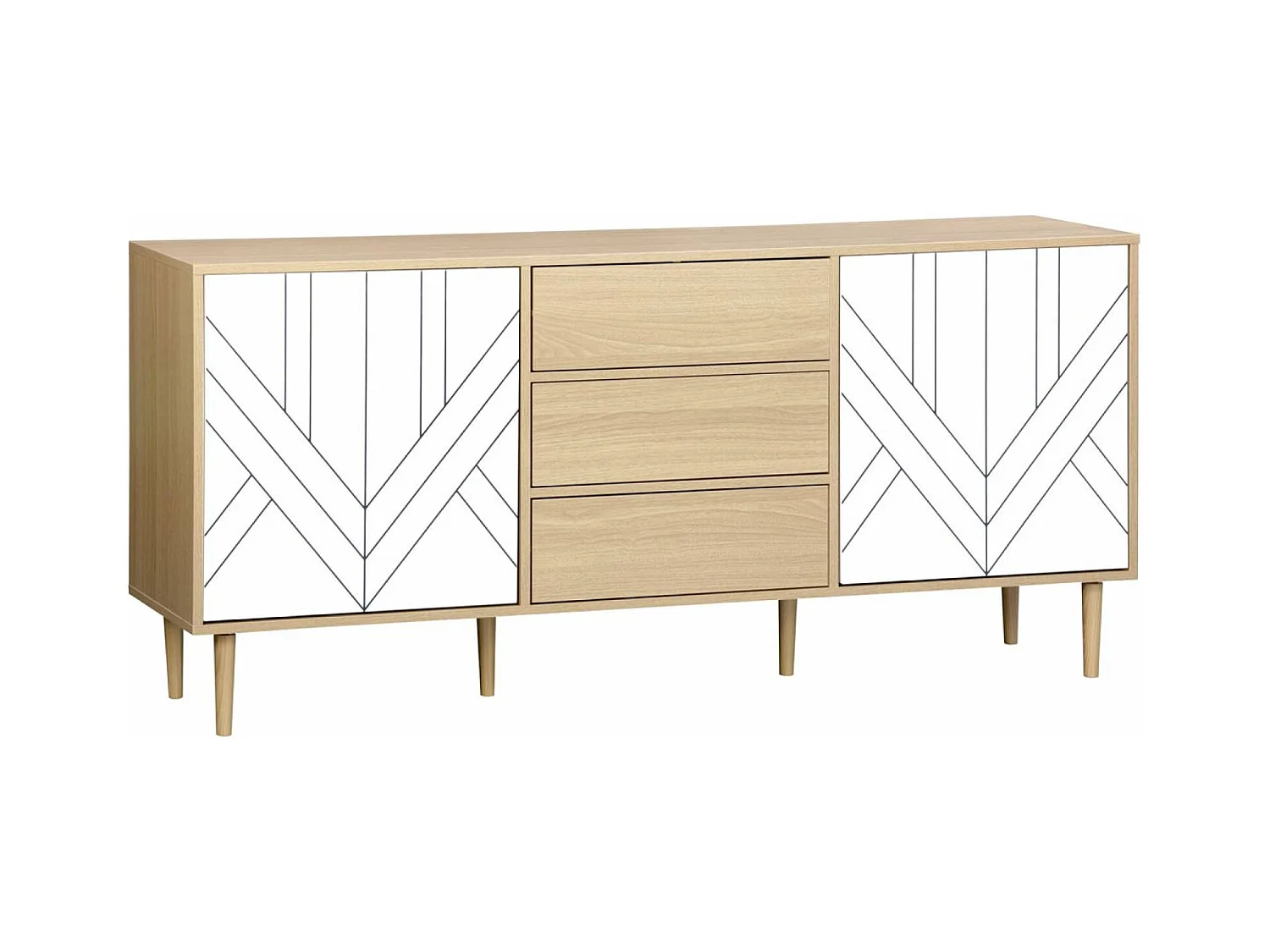 Buffet de rangement décor bois et blanc - Mika - 2 niveaux. 2 portes. 3 tiroirs. buffet bas. L 160 x l 40 x H 74cm