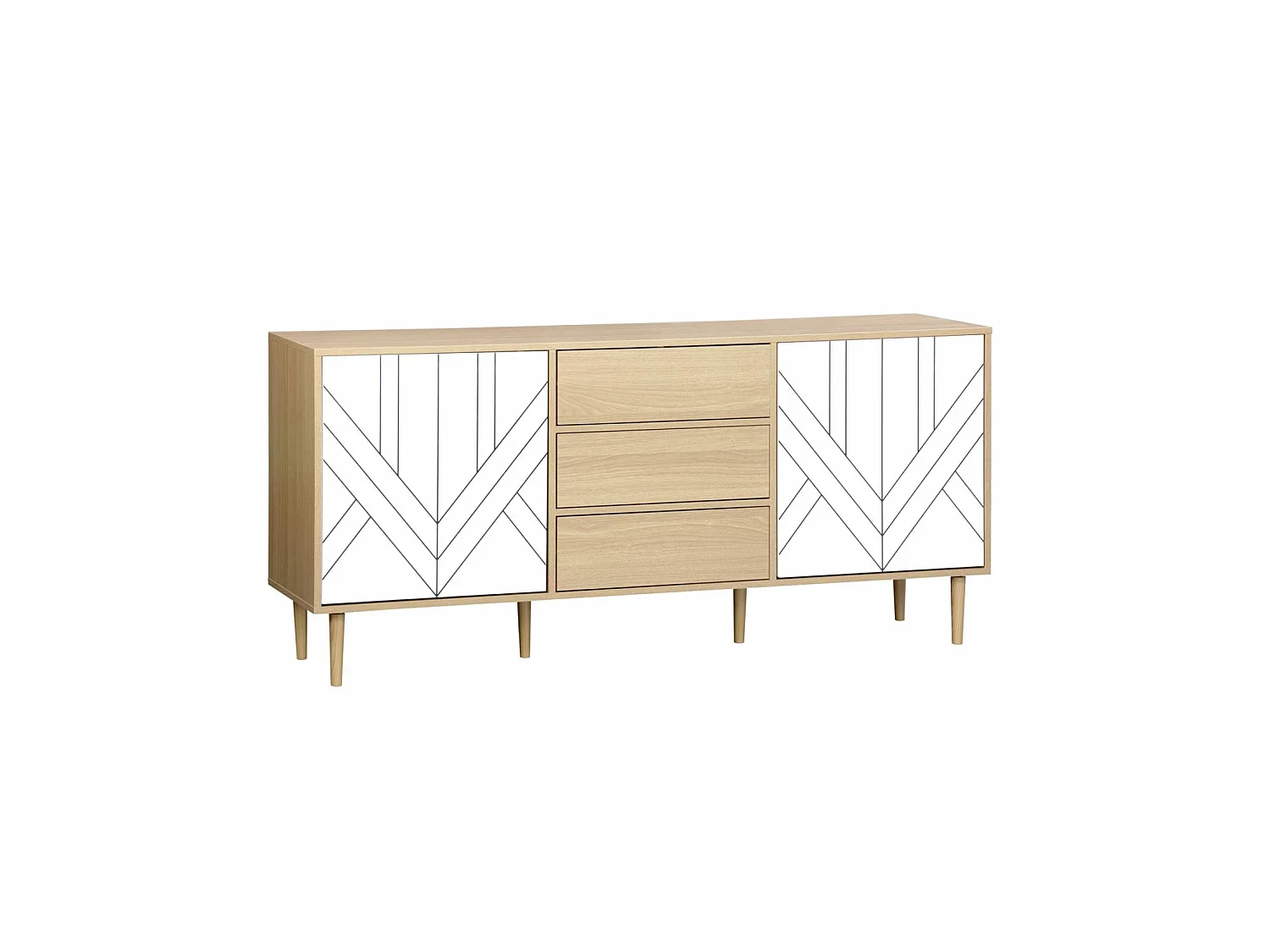 Buffet de rangement décor bois et blanc - Mika - 2 niveaux. 2 portes. 3 tiroirs. buffet bas. L 160 x l 40 x H 74cm