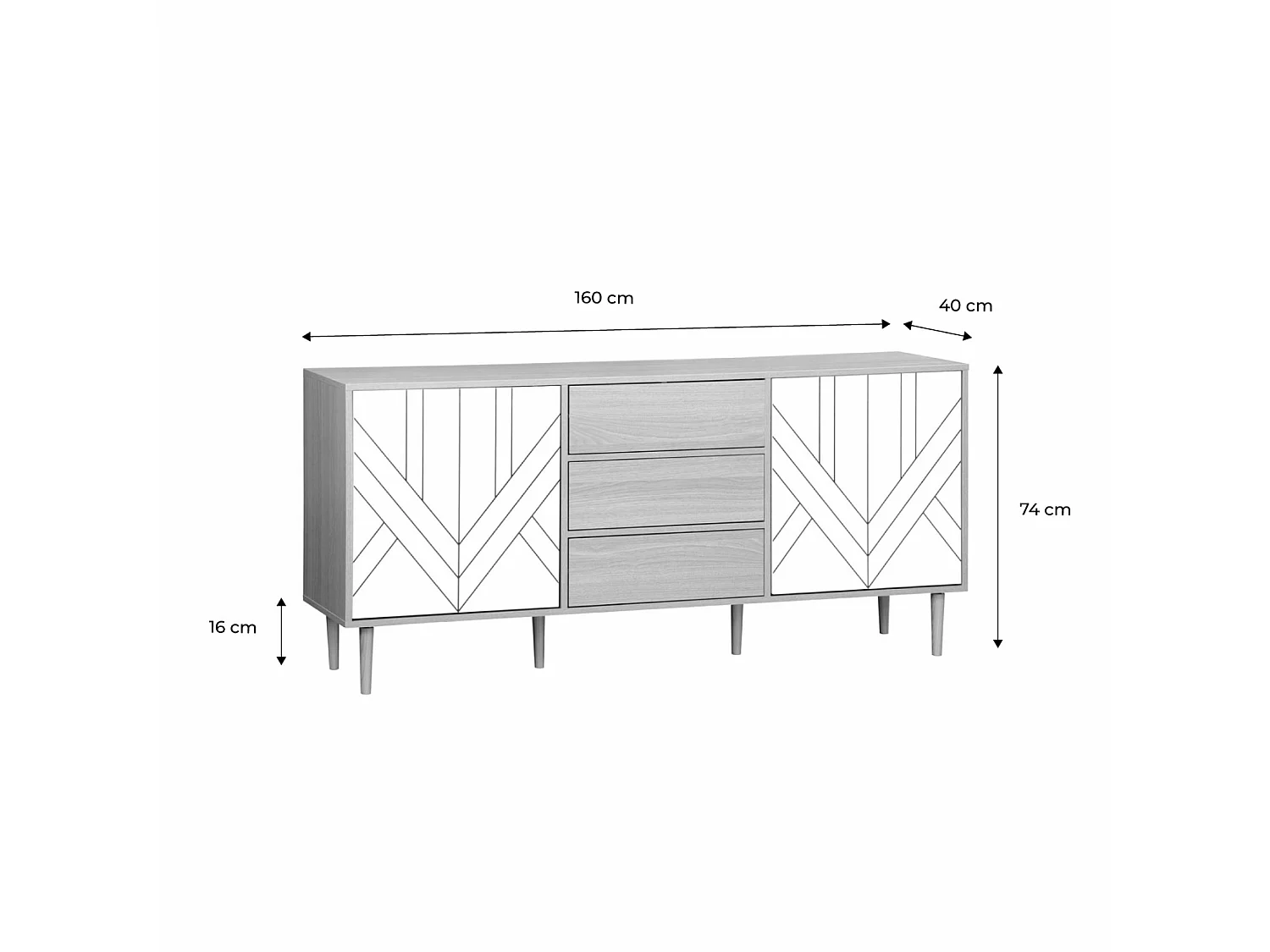 Buffet de rangement décor bois et blanc - Mika - 2 niveaux. 2 portes. 3 tiroirs. buffet bas. L 160 x l 40 x H 74cm