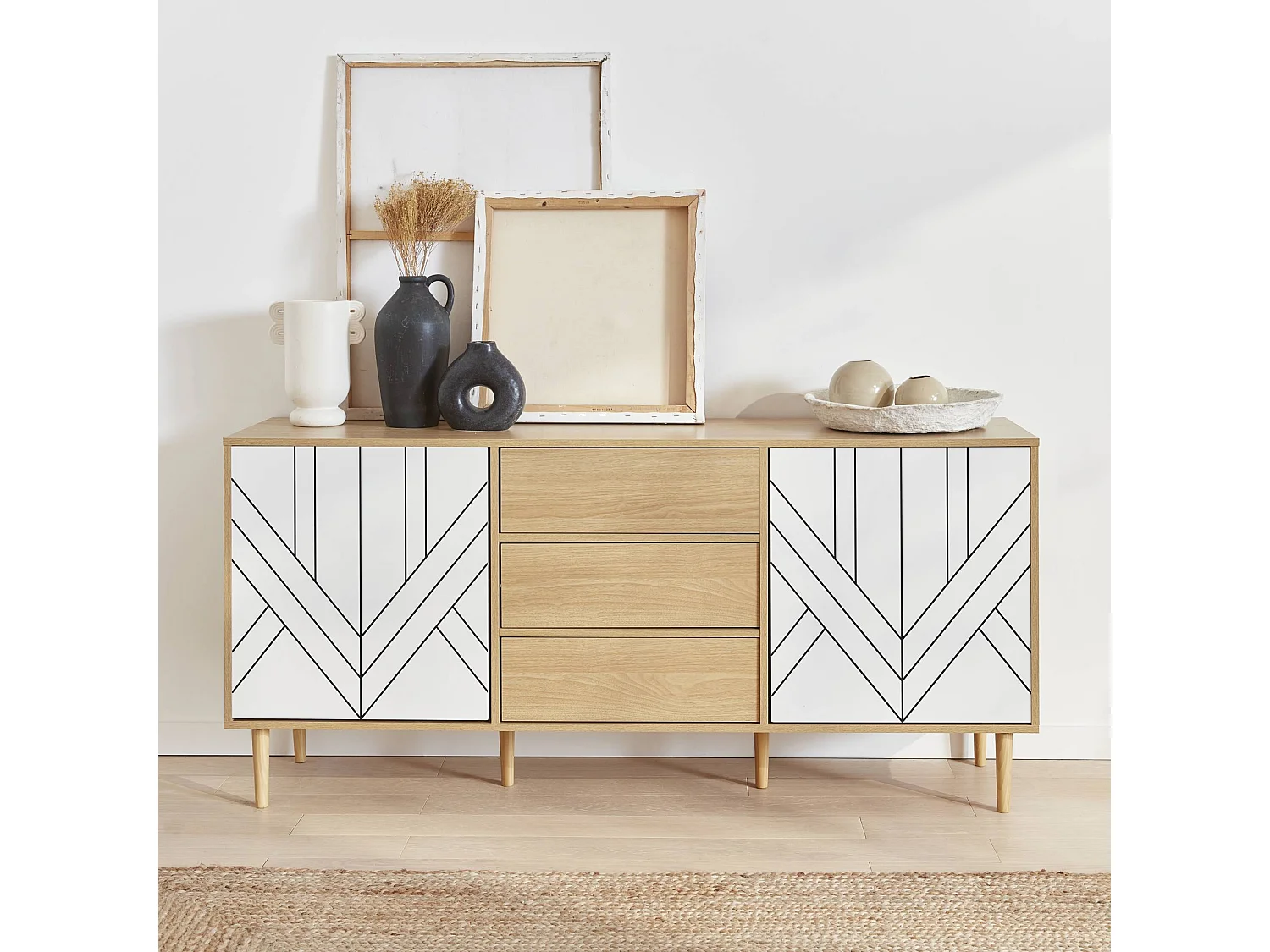 Buffet de rangement décor bois et blanc - Mika - 2 niveaux. 2 portes. 3 tiroirs. buffet bas. L 160 x l 40 x H 74cm