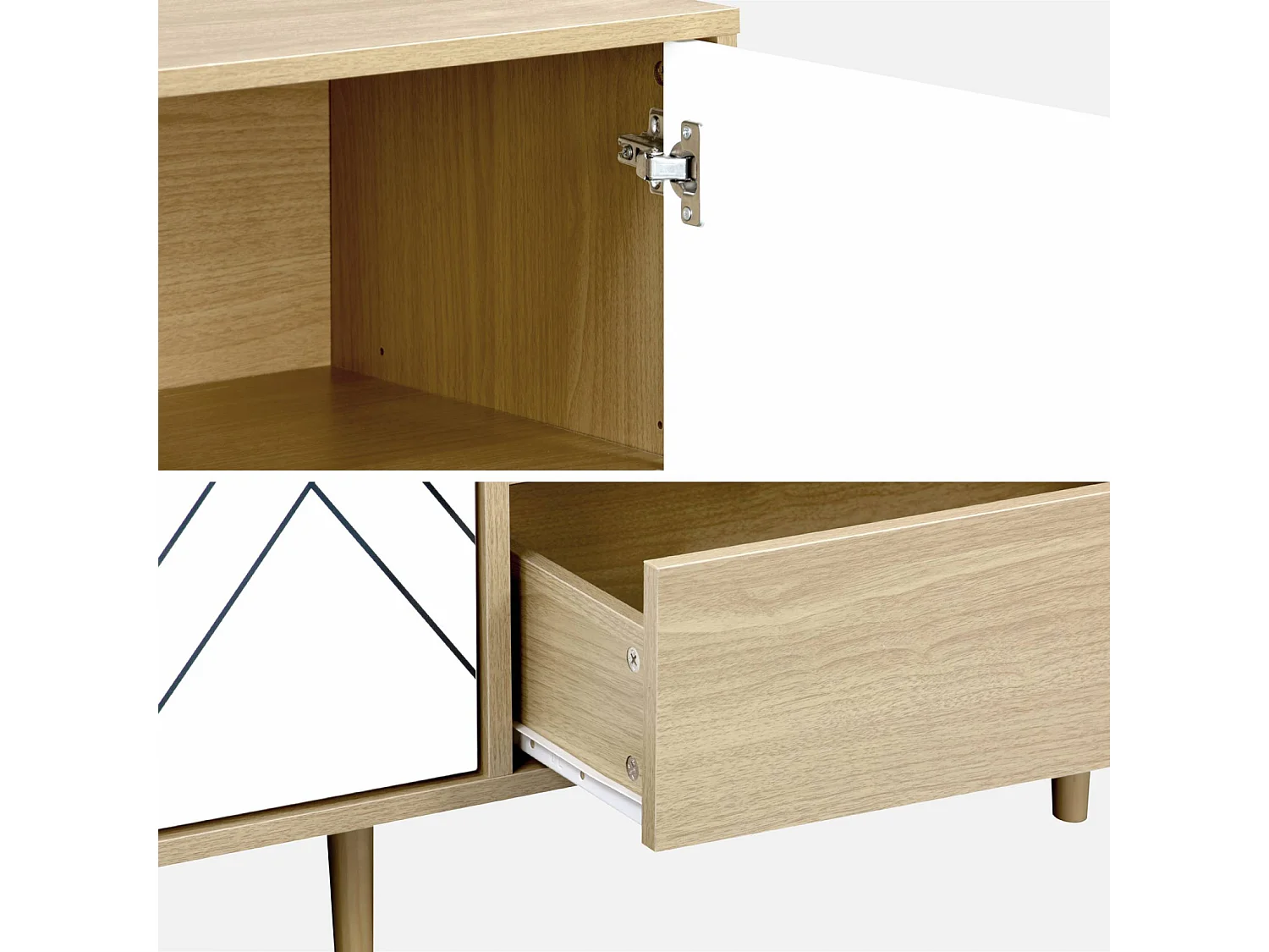 Buffet de rangement décor bois et blanc - Mika - 2 niveaux. 2 portes. 3 tiroirs. buffet bas. L 160 x l 40 x H 74cm