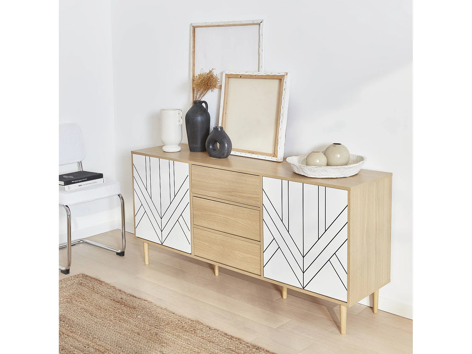 Buffet de rangement décor bois et blanc - Mika - 2 niveaux. 2 portes. 3 tiroirs. buffet bas. L 160 x l 40 x H 74cm